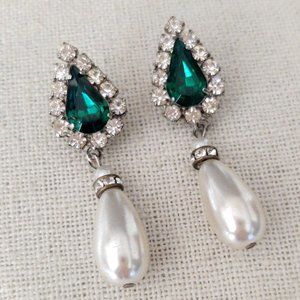 Faux emerald, cz and faux pearl drop earrings